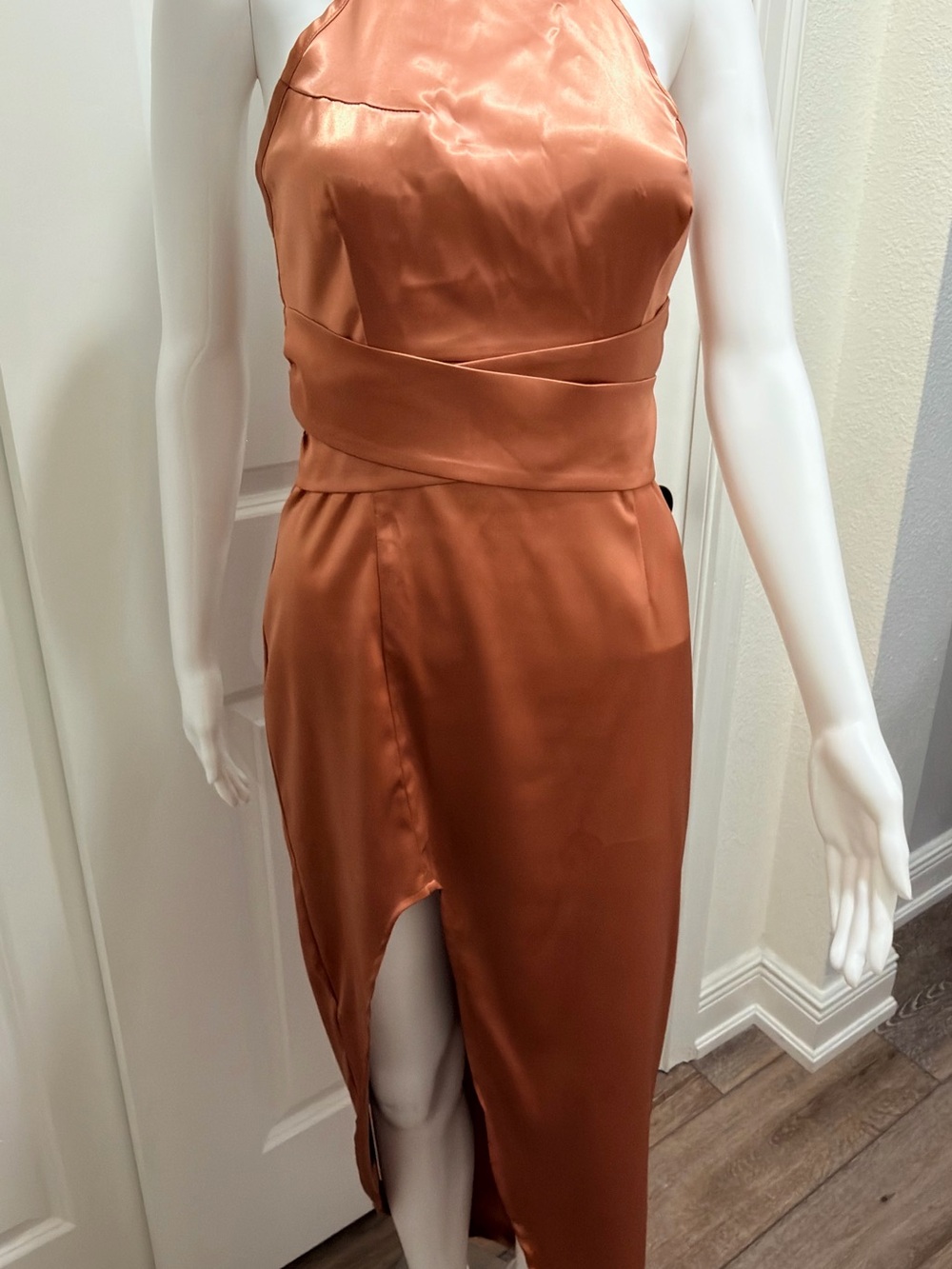 Bella Barnett Copper Satin Halter Midi Dress